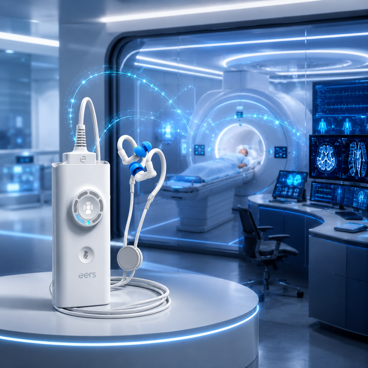 EERS device with earpieces beside an MRI suite